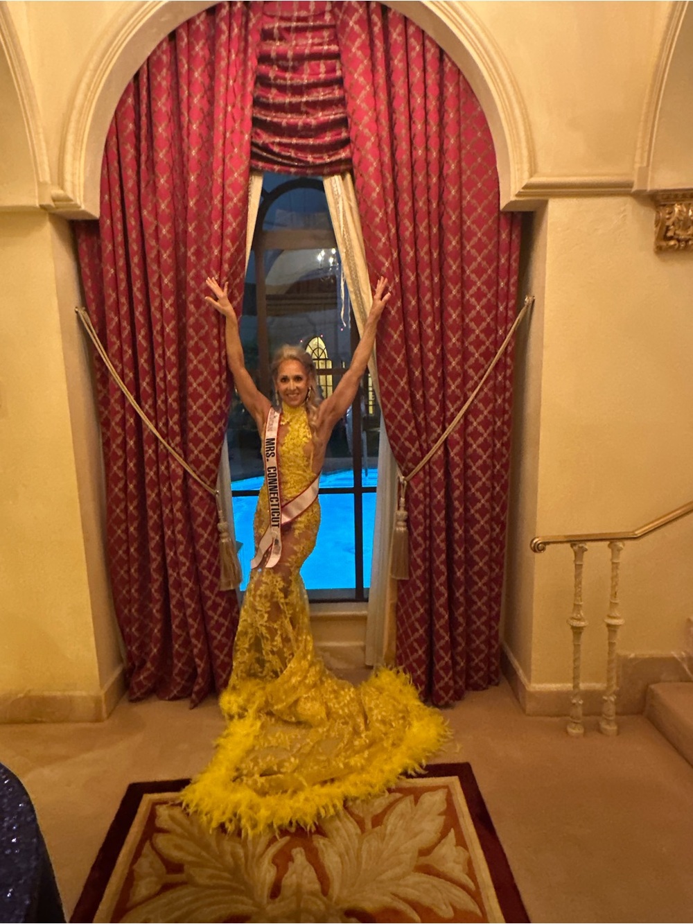 Yellow Lace Evening Gown with Feather Train - Women Dresses
